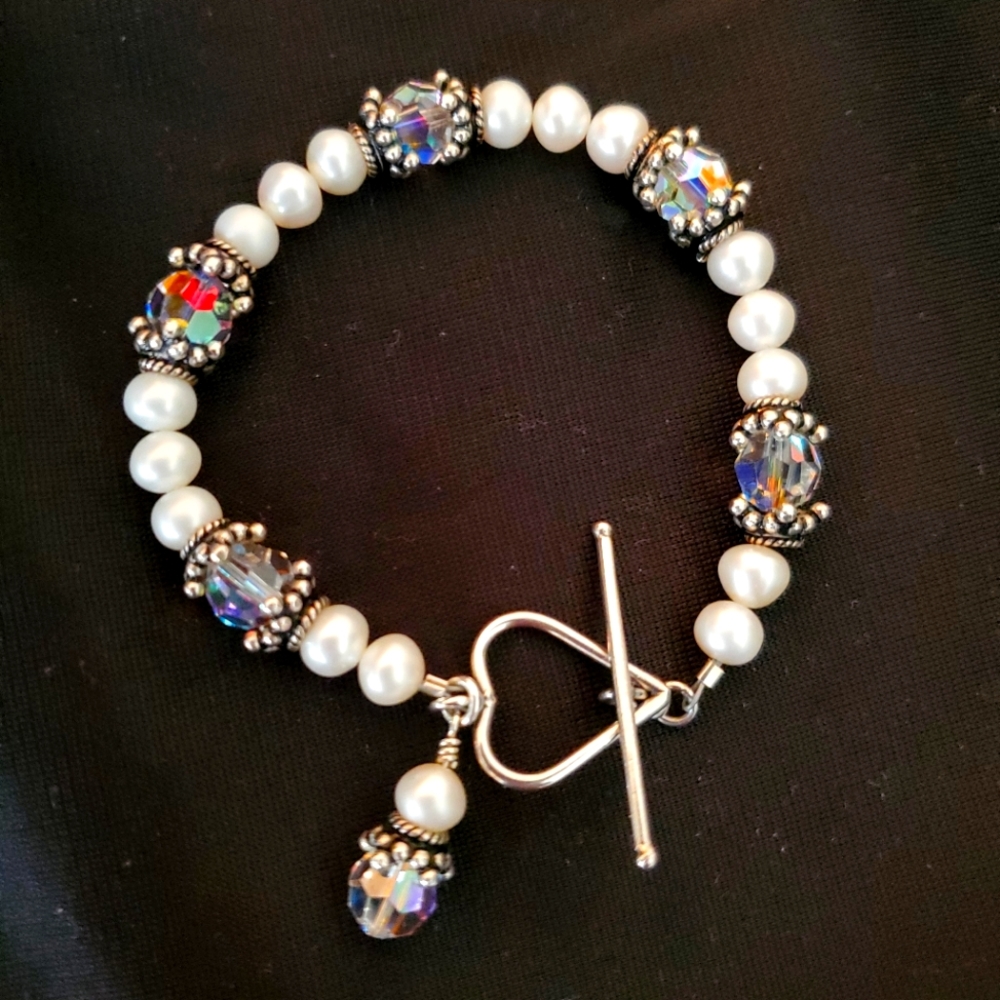 Iridescent and White Beaded with Silver Clasp Bracelet, Bridal / Wedding